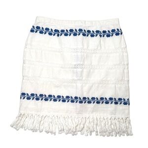Boho Linen White blue embroidered crotchet macrame like Fringe Skirt coastal Med